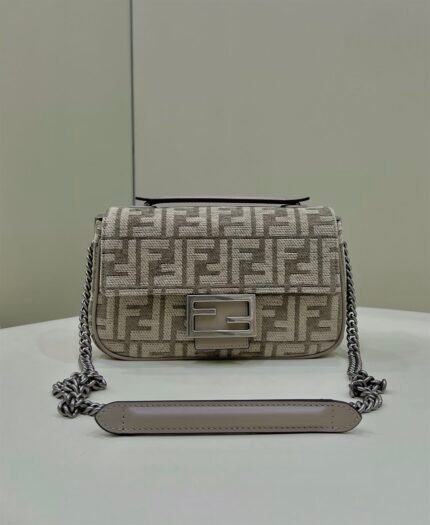 FENDI BAGUETTE CHAIN MIDI DARK GREY FF TAPESTRY FABRIC BAG – F026